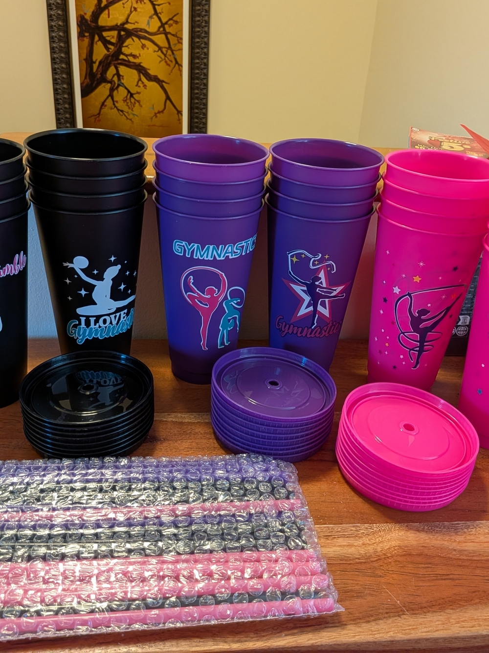 Gymnastics Themed Tumbler Cups in Black, Purple & Hot Pink